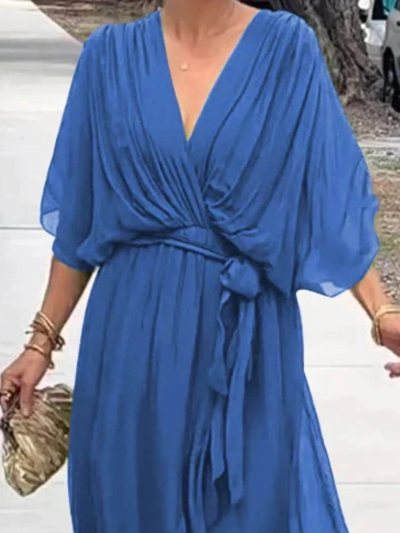 Full Size Flowy Tie Front Midi Dress with Flutter Sleeves Plus Size - EBYNN