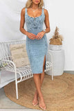 Side Slit Washed Denim Dress with Scoop Neck.