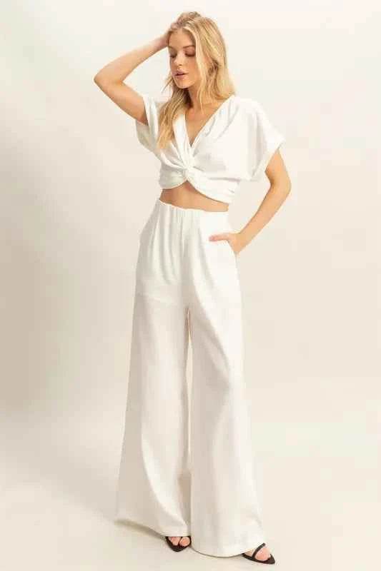 HYFVE Twisted Front Short Sleeve Top & Wide Leg Pants Set - EBYNN