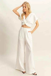 HYFVE Twisted Front Short Sleeve Top & Wide Leg Pants Set - EBYNN