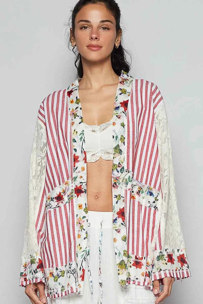 Lace Long Sleeve Striped Cardigan with Floral Patchwork.