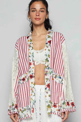 Lace Long Sleeve Striped Cardigan with Floral Patchwork.