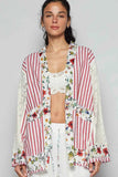 Lace Long Sleeve Striped Cardigan with Floral Patchwork.