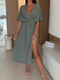 Slit Surplice Half Sleeve Midi Dress.