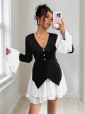 Two Tone V-Neck Long Sleeve Mini Dress.