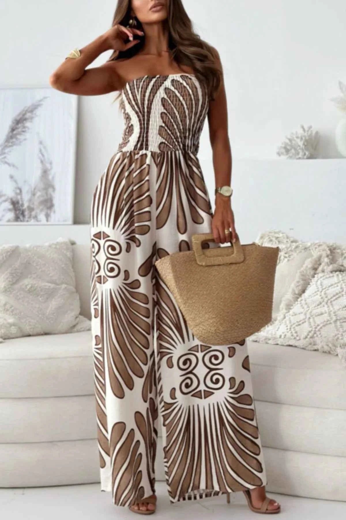 Printed Smocked Tube Wide Leg Jumpsuit.