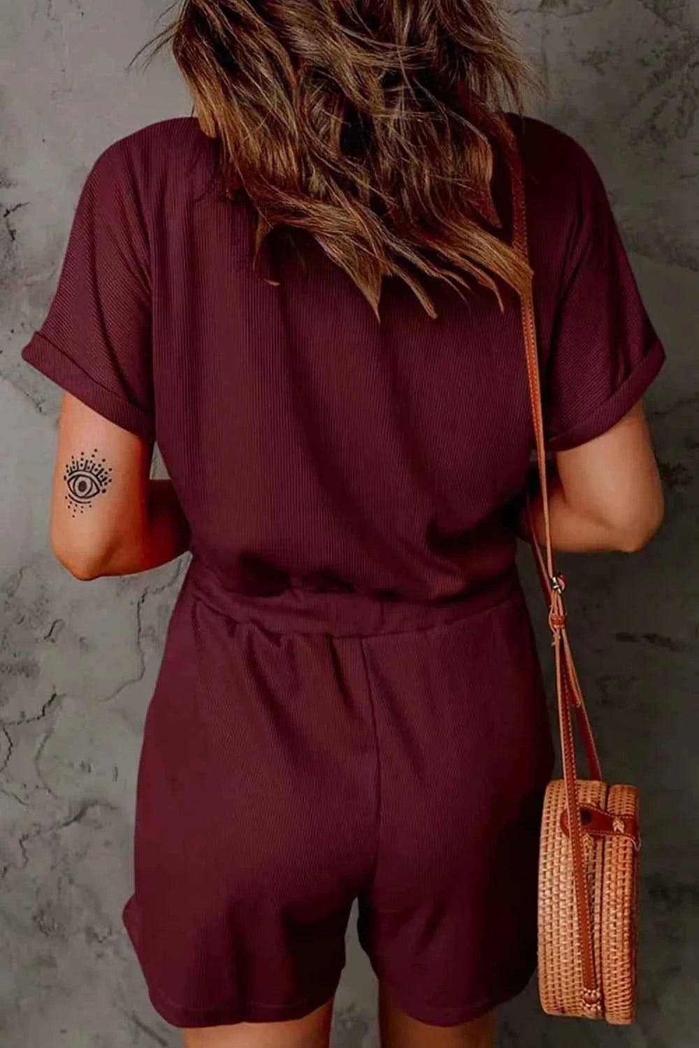 Full Size Drawstring V-Neck Short Sleeve Romper.