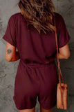 Full Size Drawstring V-Neck Short Sleeve Romper.