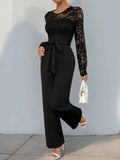 Perfee Lace Round Neck Long Sleeve Jumpsuit.