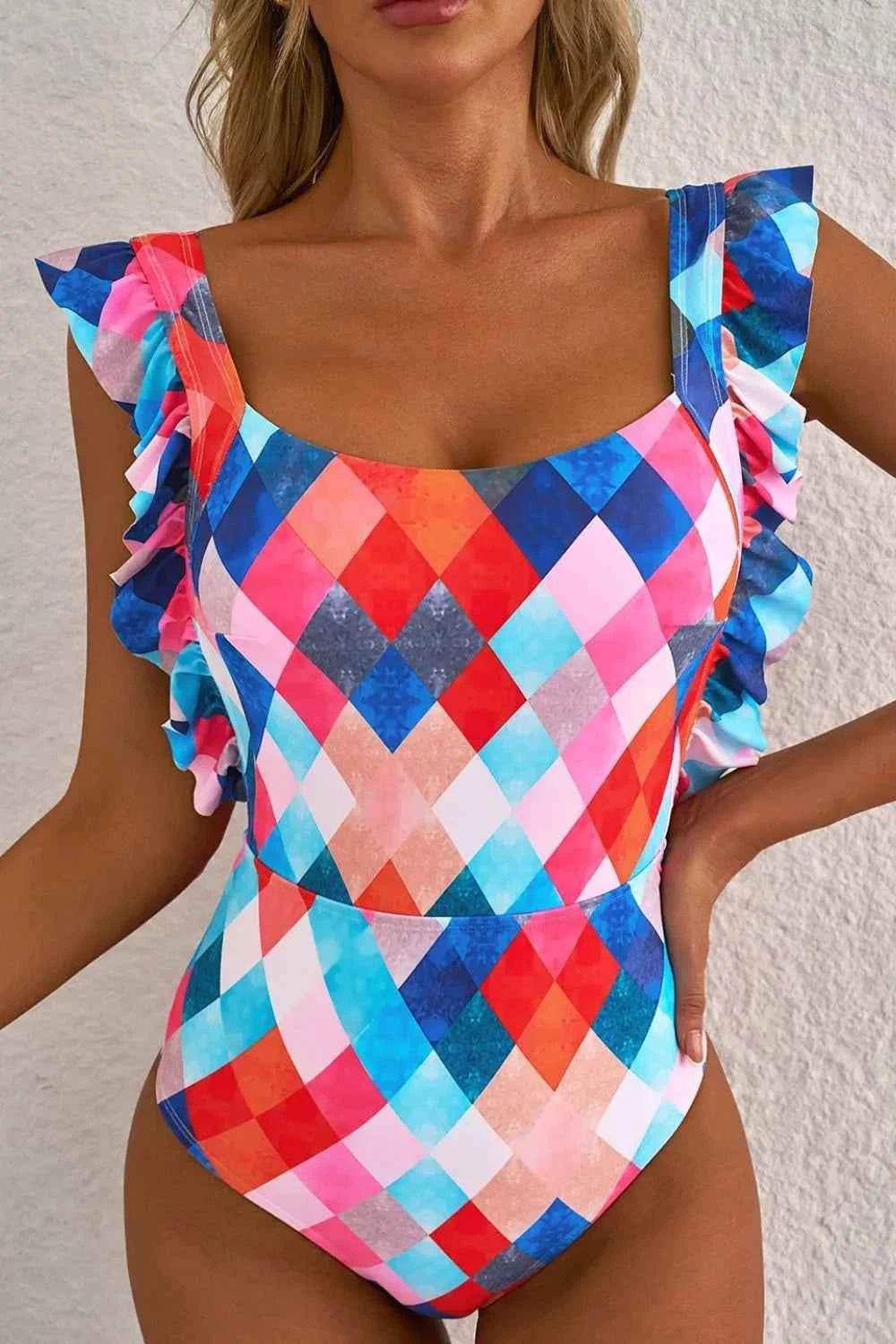 Multicolor Plaid Print Backless One-Piece Swimwear.