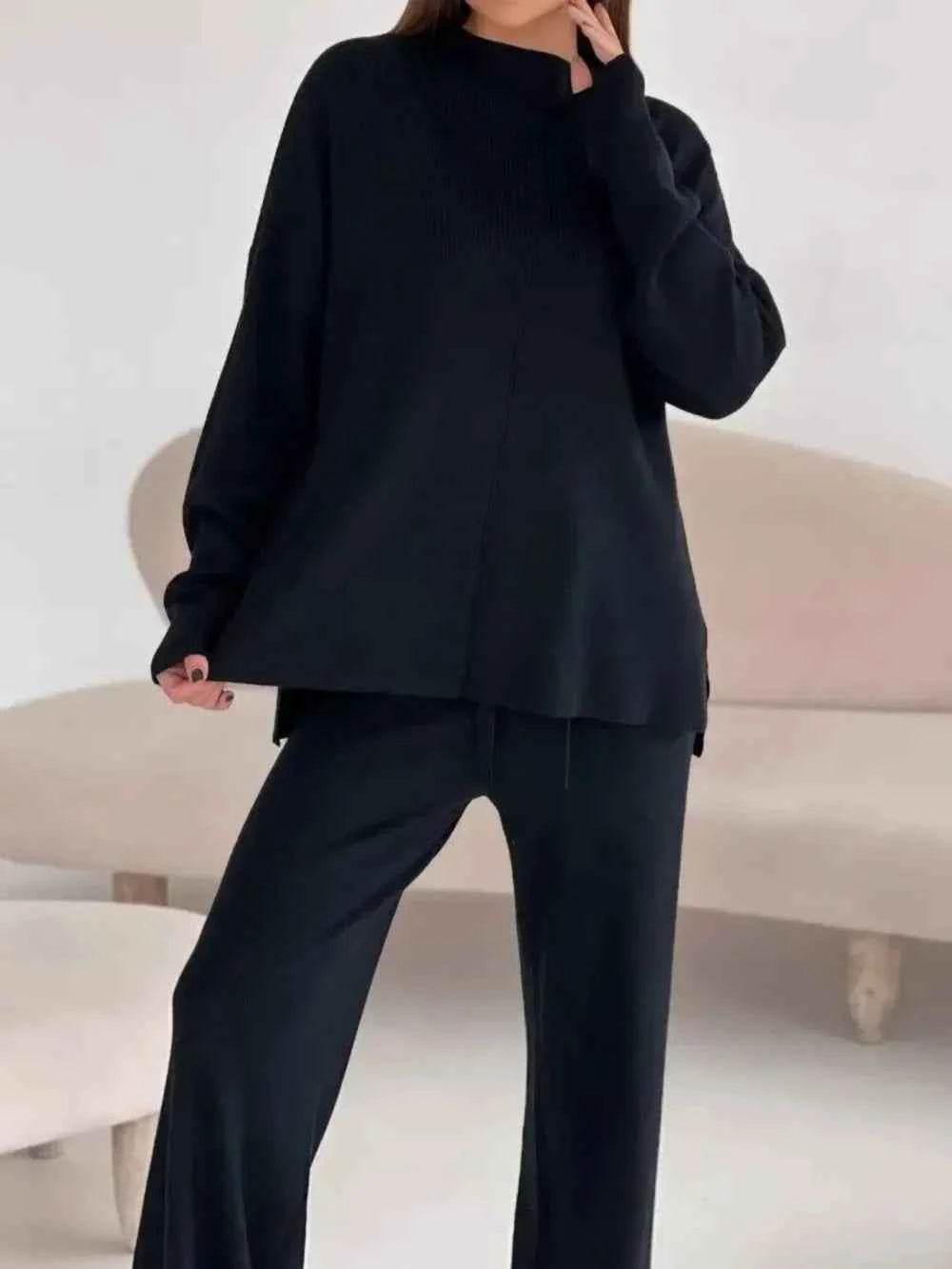 Slit Mock Neck Top and Pants Sweater Set - EBYNN