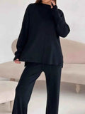 Slit Mock Neck Top and Pants Sweater Set - EBYNN