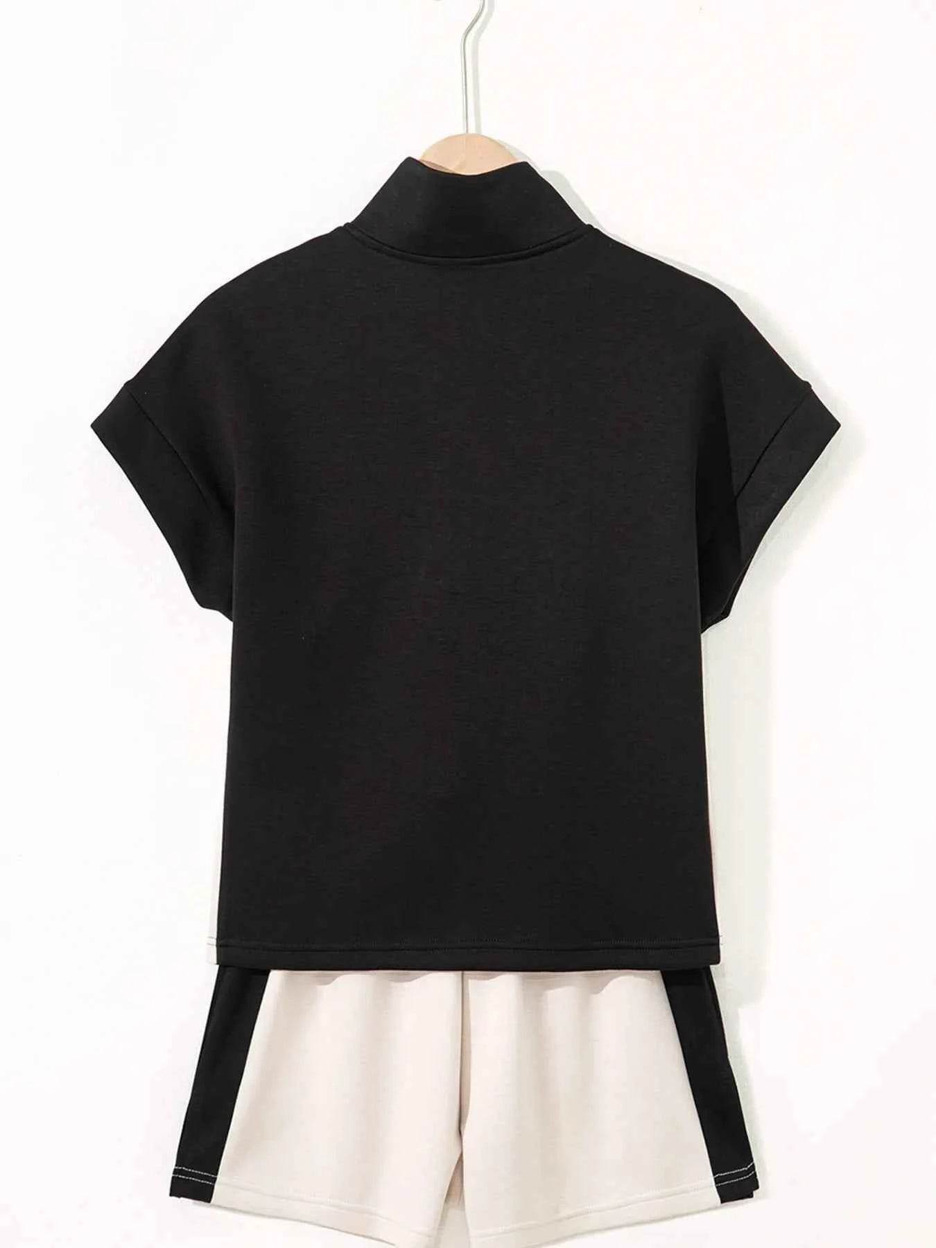 Color Block Half Zip Top & Shorts Two-Piece Set - EBYNN