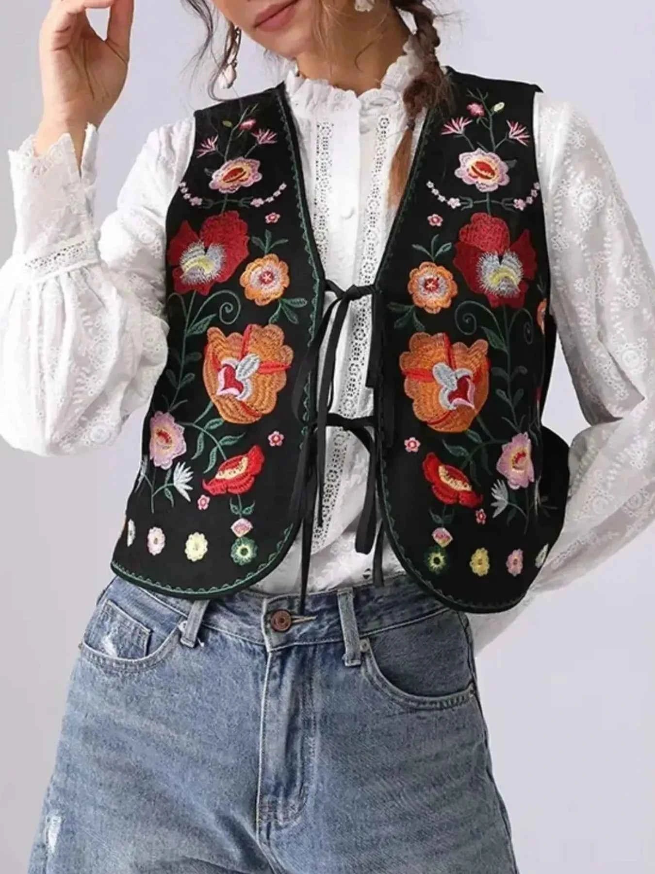 Floral Embroidered Lace-Up Vest.