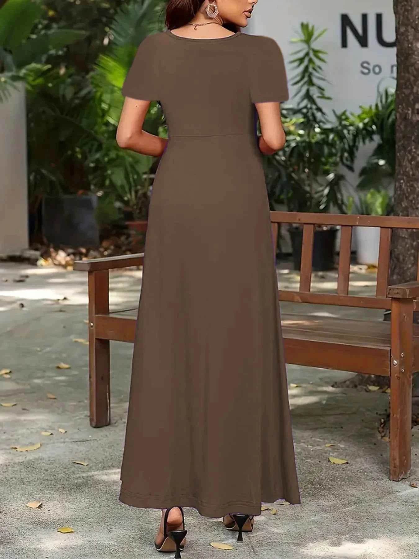 Plus Size A-Line Maxi Dress with Round Neck and Short Sleeves.