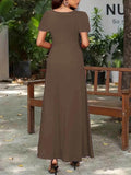 Plus Size A-Line Maxi Dress with Round Neck and Short Sleeves.
