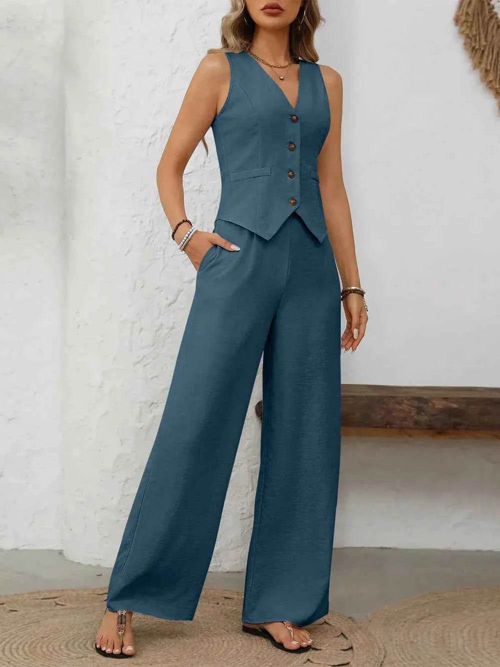 V-Neck Vest and Wide Leg Pants Set for Effortless Style - EBYNN