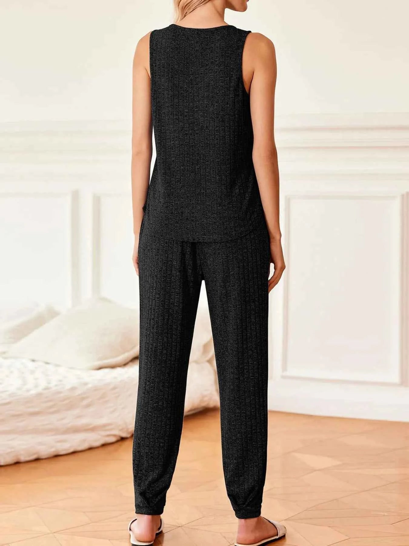 Ribbed Knit V-Neck Tank and Pants Lounge Set.