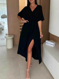 Slit Surplice Half Sleeve Midi Dress.