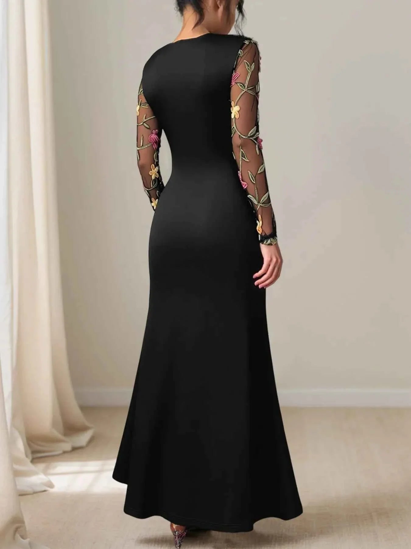 Floral Mesh Sleeve Ruched Maxi Dress.