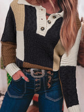 Multicolour Color Block Cable Knit Sleeve Buttons Collared Sweater.