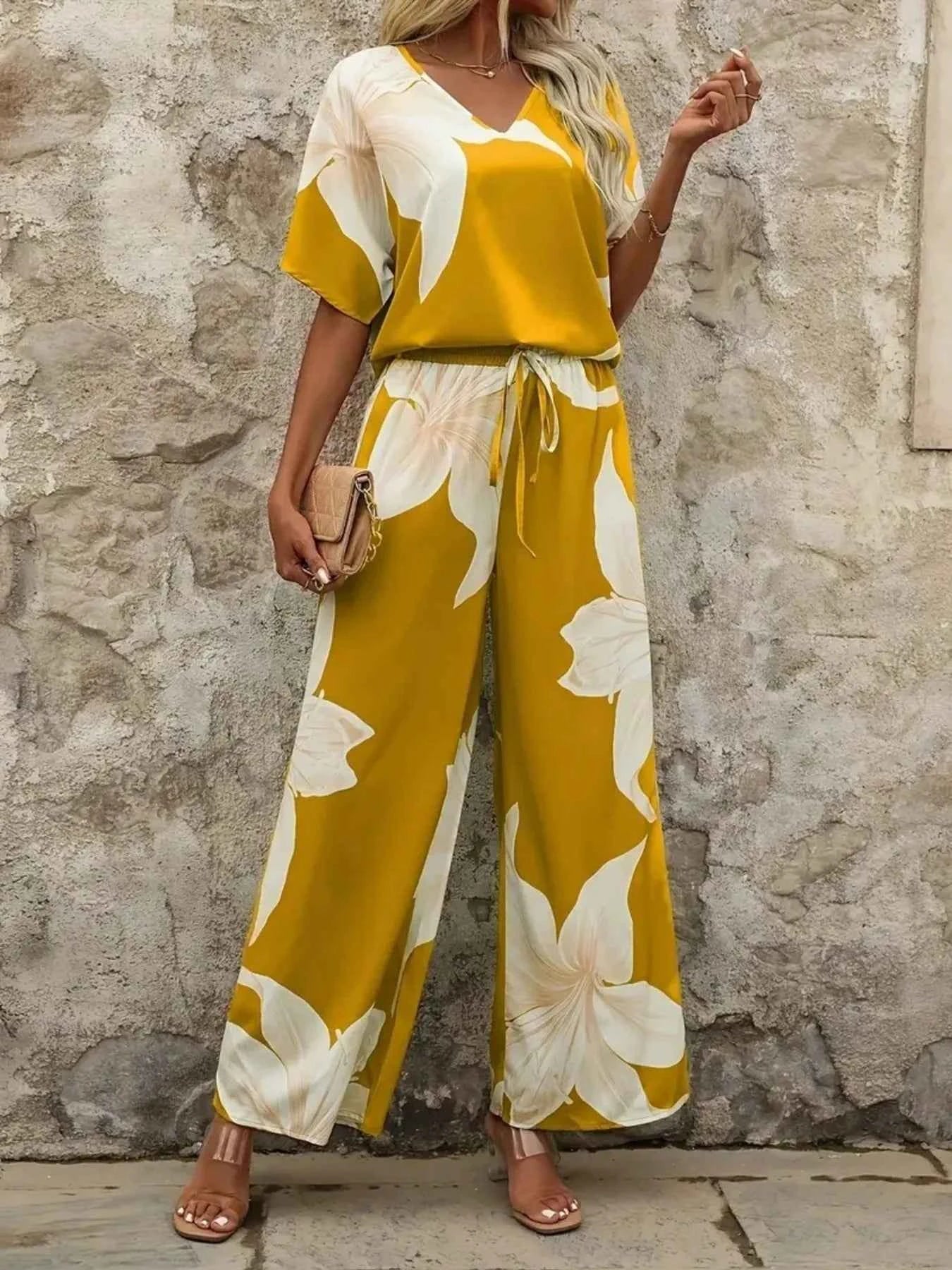 Printed V-Neck Top and Pants Set.