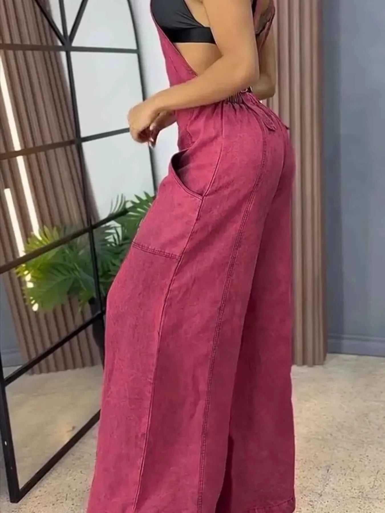 Plus Size Wide Leg Washed Denim Overalls.