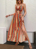 Striped Halter Maxi Dress with Cutout Detail.