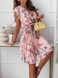 Floral Surplice Ruffled Cap Sleeve Dress.