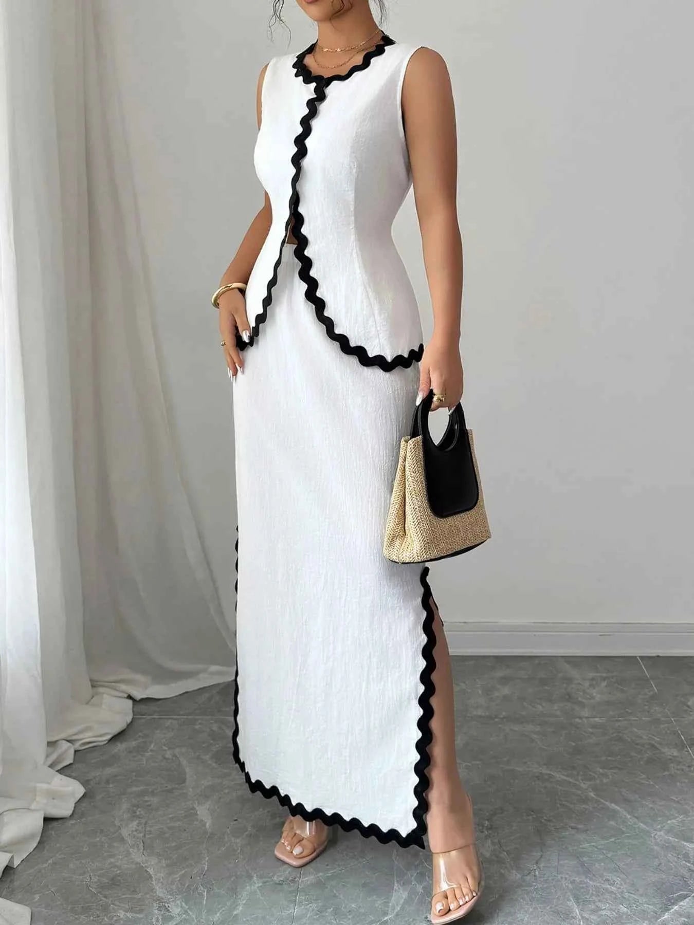 Contrast Scalloped Trim Sleeveless Top & Skirt Set.
