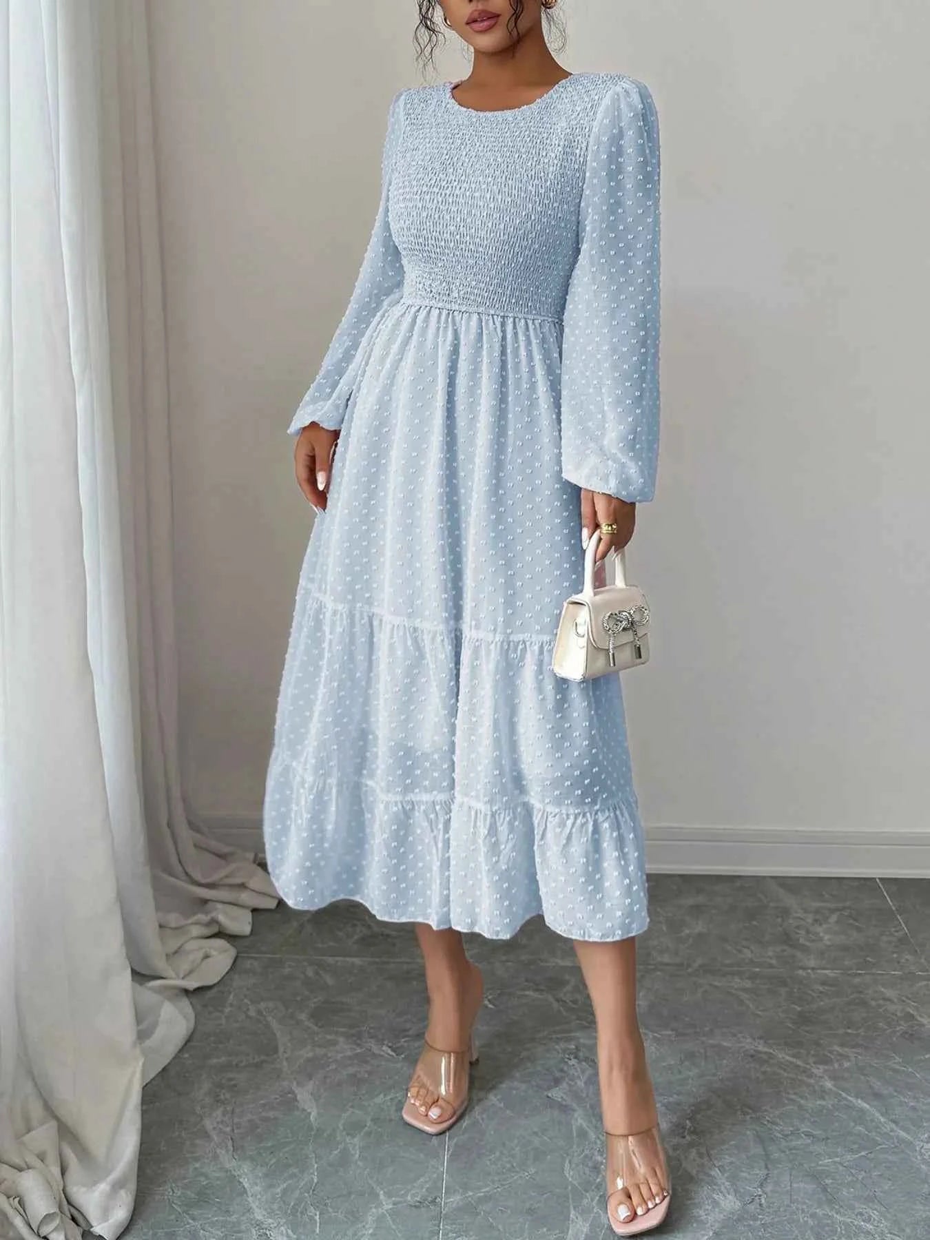 Polka Dot Long Sleeve Tiered Midi Dress.