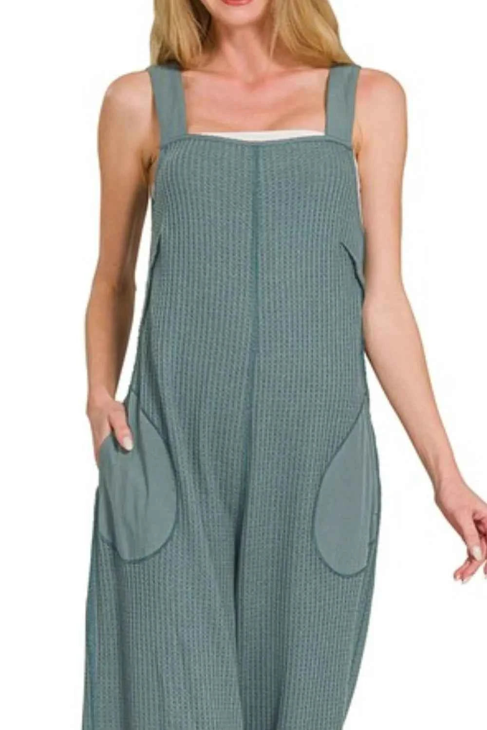 Zenana Knit Waffle Wide Leg Overalls.
