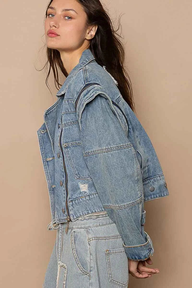 POL Cropped Denim Jacket with Zipper Accents.