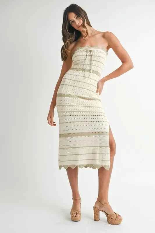 MABLE Contrast Striped Crochet Knit Midi Dress.