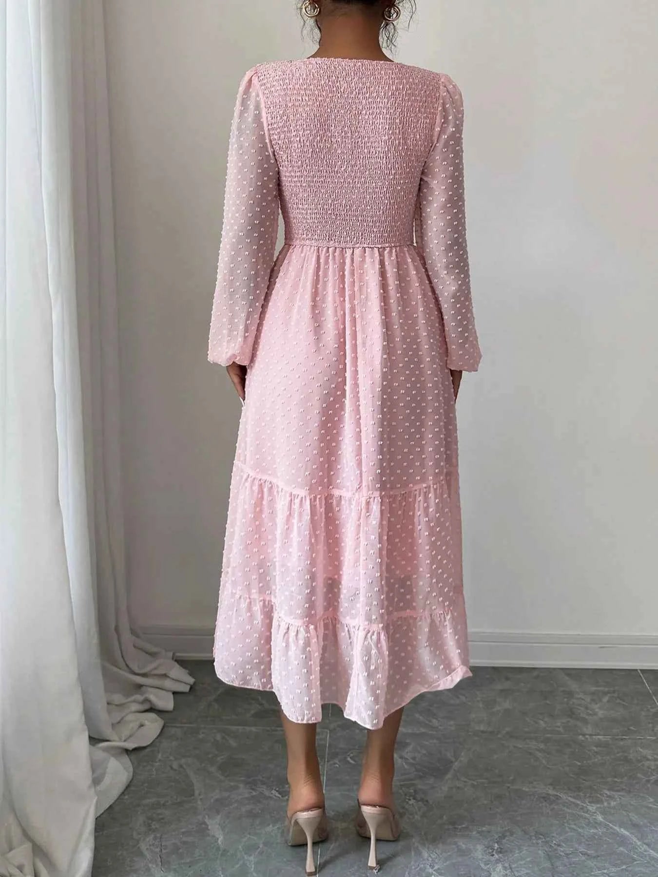 Polka Dot Long Sleeve Tiered Midi Dress.