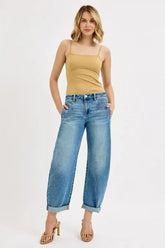 RISEN Full Size Mid Rise Fit Barrel Roll Up Jeans Plus Size.