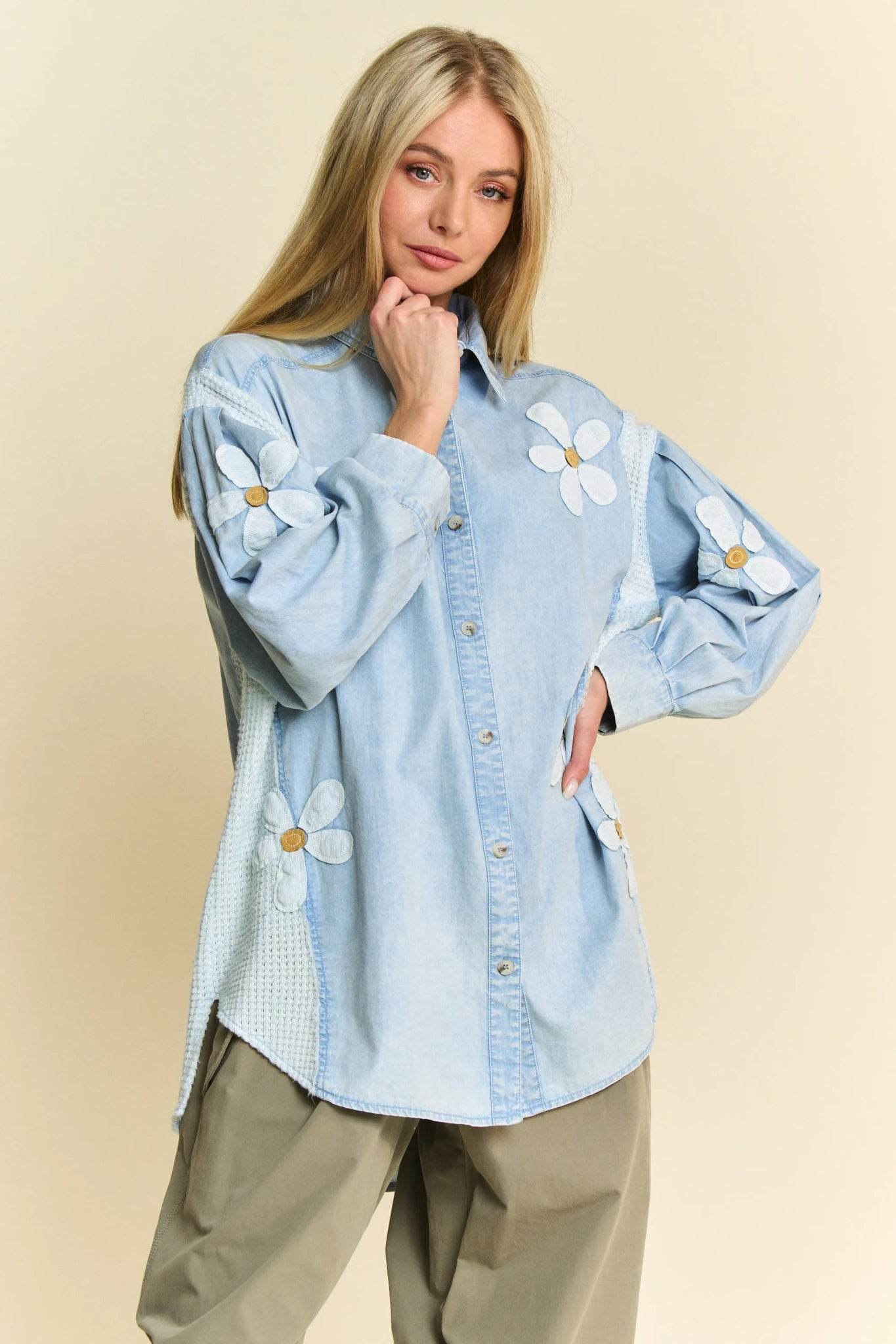 Davi & Dani Daisy Patch Shirt - Lightweight Washed Waffle Knit Top - EBYNN