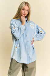 Davi & Dani Daisy Patch Shirt - Lightweight Washed Waffle Knit Top - EBYNN