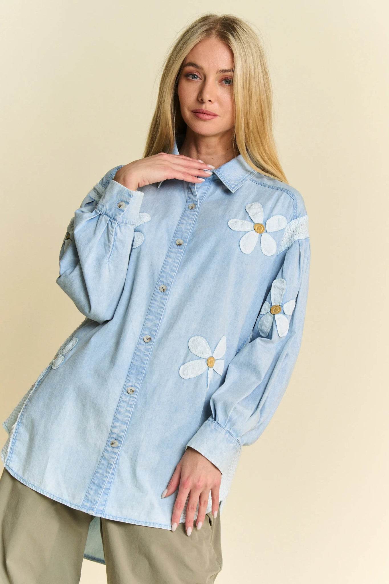 Davi & Dani Daisy Patch Shirt - Lightweight Washed Waffle Knit Top - EBYNN