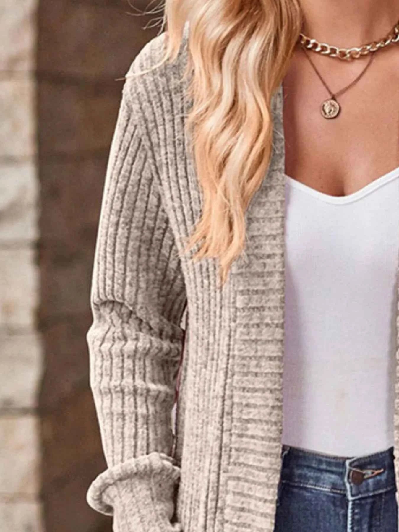 Ribbed Knit Open Front Cardigan with Pockets.