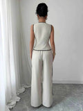 Contrast Piping Round Neck Top & Wide-Leg Pants Set - Stylish Contrast Piping Pants Set - EBYNN