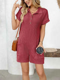 Button Detail Collared Neck Short Sleeve Romper.