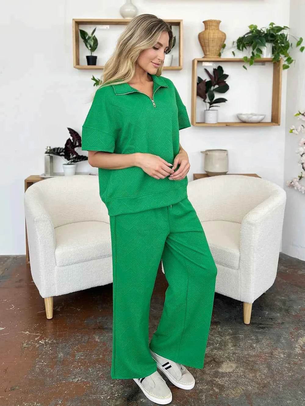 Double Take Texture Set: Full Size Half Zip Top & Pants Set - EBYNN