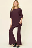 Double Take T-Shirt and Pants Set: Full Size Round Neck Drop Shoulder Style with Flare Pants - EBYNN