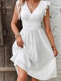 Eyelet Ruffled Cap Sleeve Mini Dress.
