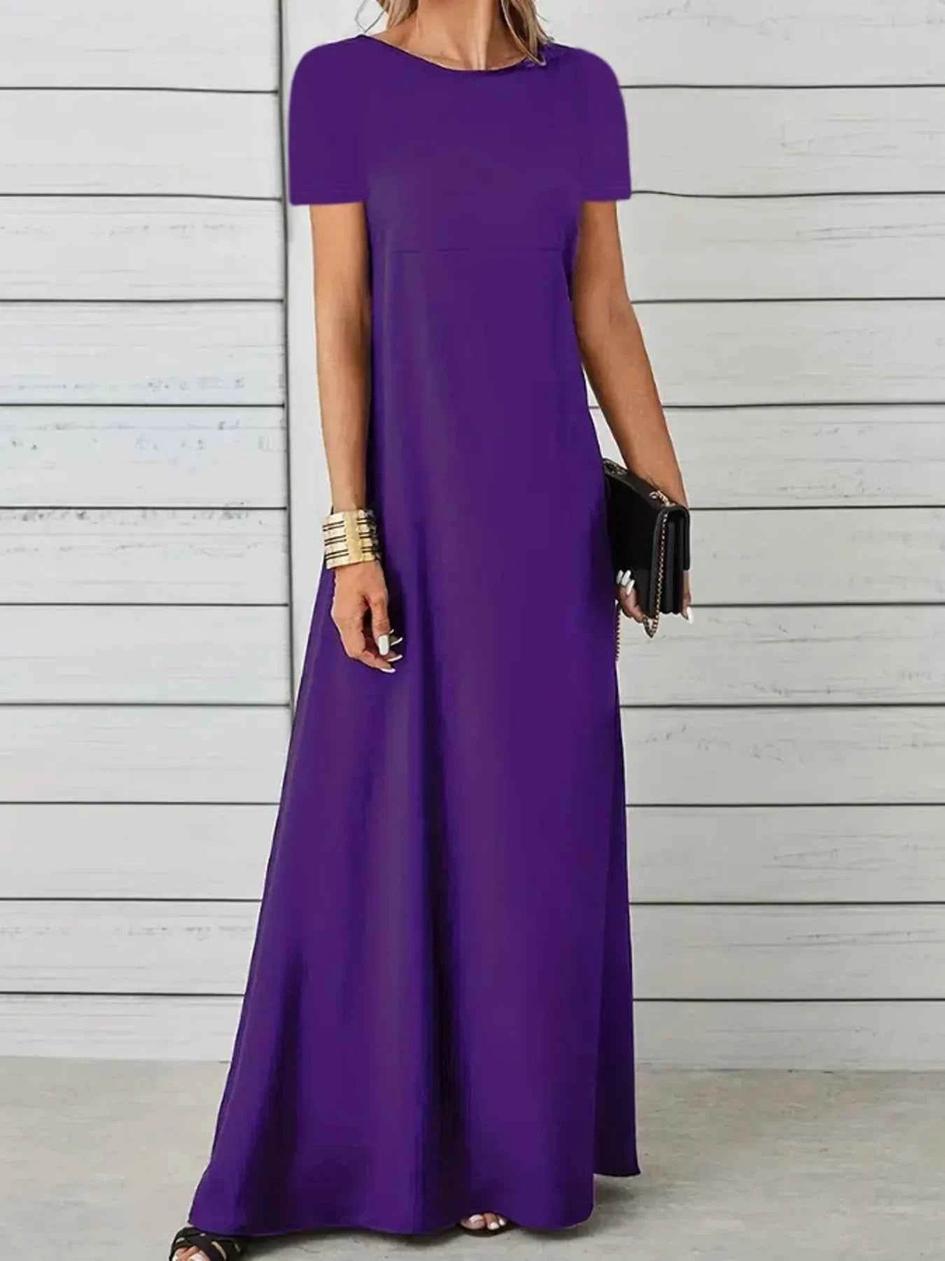 Plus Size A-Line Maxi Dress with Round Neck and Short Sleeves.