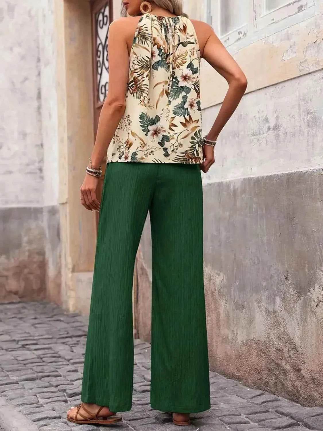 Printed Tank Top and Wide Leg Pants Set for Effortless Style - EBYNN