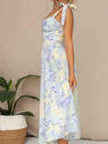 Floral Tie-Strap Sweetheart Neck Midi Dress.