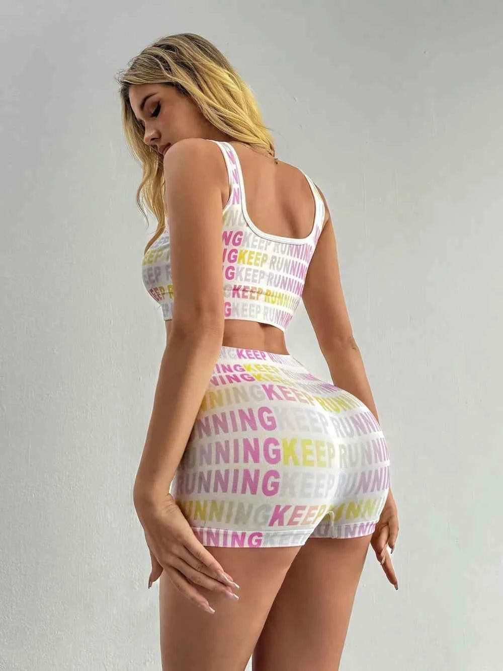 Letter Printed Wide Strap Active Set - Top & Shorts.