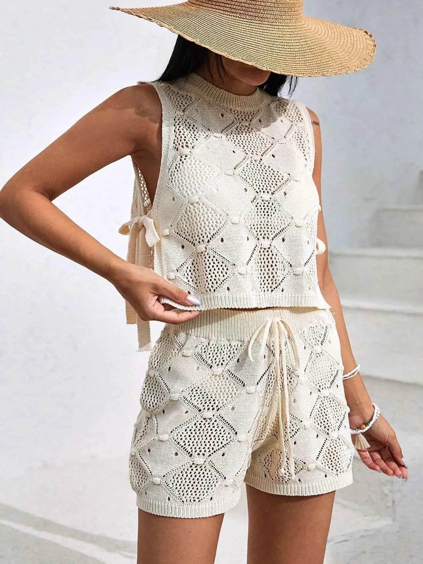 Diamond Pattern Sleeveless Top and Shorts Knit Set - EBYNN